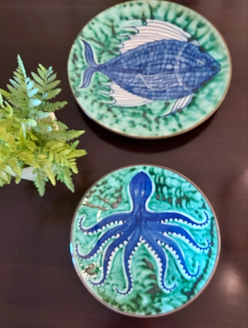 1990's from Cyprus:  Ceramic Wall Plates in Blue and Green - Octopus & Fish Set.